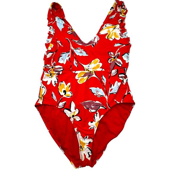 CATALINA Women's Medium Red Floral Deep V‎ One Piece Ruffle Padded Bra Swimsuit - Picture 1 of 7